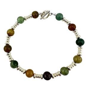 Nephrite Jade Beads Earth Tone Green Brown Silver Tone Handmade 7.75” Bracelet